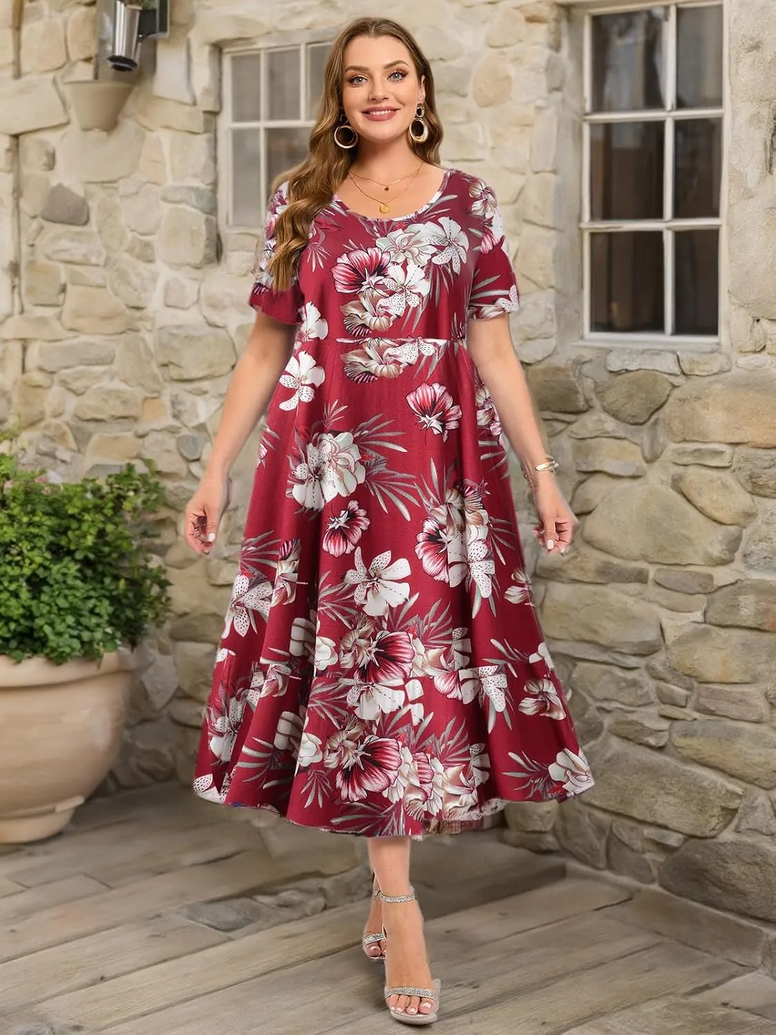 LARACE Plus Size Dresses for Women Summer Casual Short Sleeve Long Dress Flowy Maxi Beach Dresses with Pockets L-6XL
