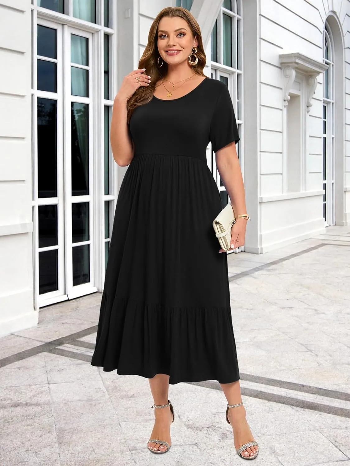 LARACE Plus Size Dresses for Women Summer Casual Short Sleeve Long Dress Flowy Maxi Beach Dresses with Pockets L-6XL