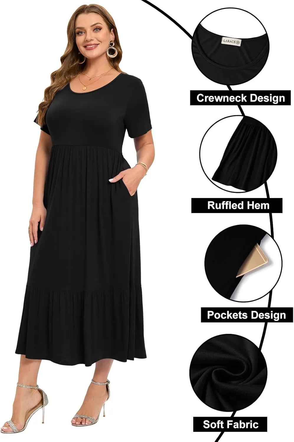 LARACE Plus Size Dresses for Women Summer Casual Short Sleeve Long Dress Flowy Maxi Beach Dresses with Pockets L-6XL