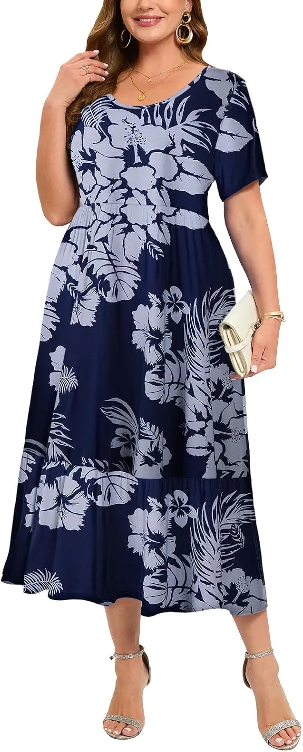LARACE Plus Size Dresses for Women Summer Casual Short Sleeve Long Dress Flowy Maxi Beach Dresses with Pockets L-6XL