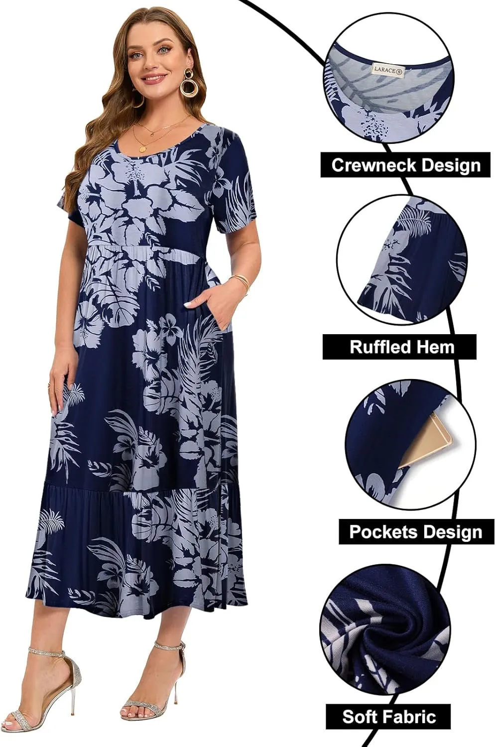 LARACE Plus Size Dresses for Women Summer Casual Short Sleeve Long Dress Flowy Maxi Beach Dresses with Pockets L-6XL