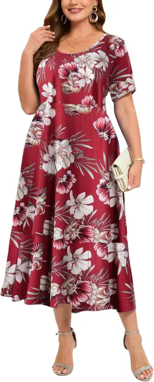 LARACE Plus Size Dresses for Women Summer Casual Short Sleeve Long Dress Flowy Maxi Beach Dresses with Pockets L-6XL