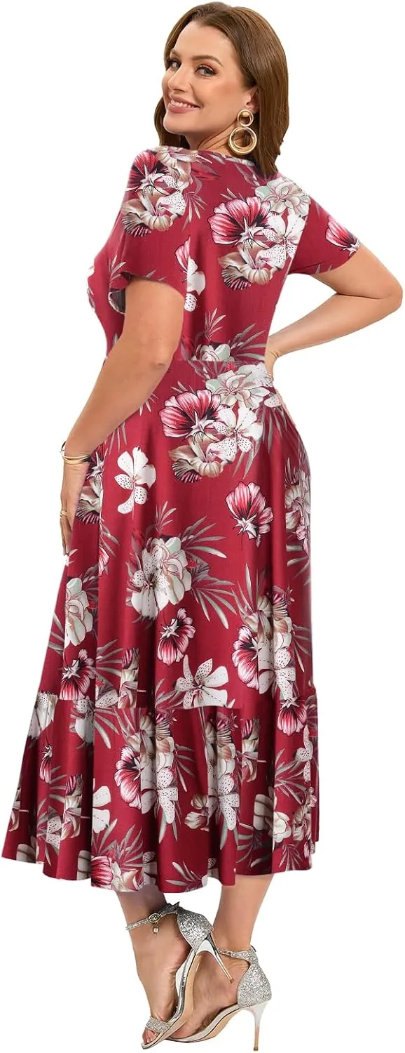 LARACE Plus Size Dresses for Women Summer Casual Short Sleeve Long Dress Flowy Maxi Beach Dresses with Pockets L-6XL