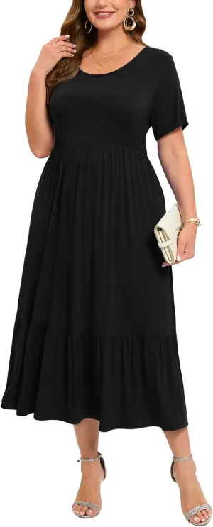 LARACE Plus Size Dresses for Women Summer Casual Short Sleeve Long Dress Flowy Maxi Beach Dresses with Pockets L-6XL