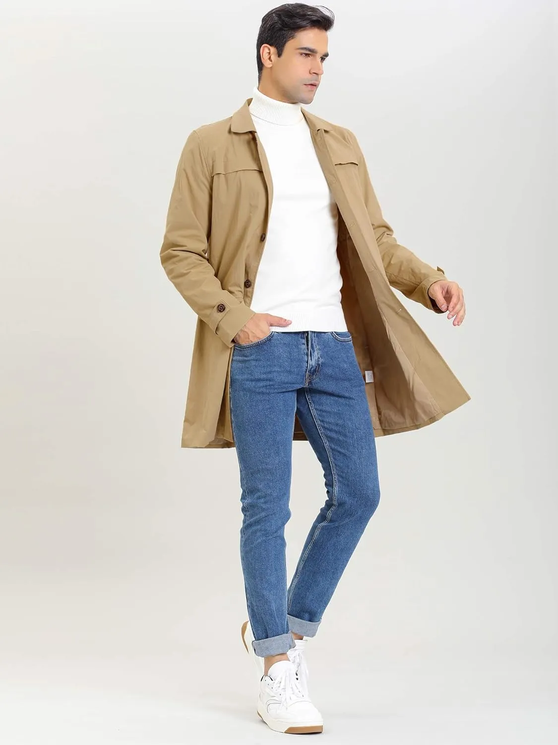 Lars Amadeus Men's Trench Coat Single Breasted Button Down Jacket Long Overcoat