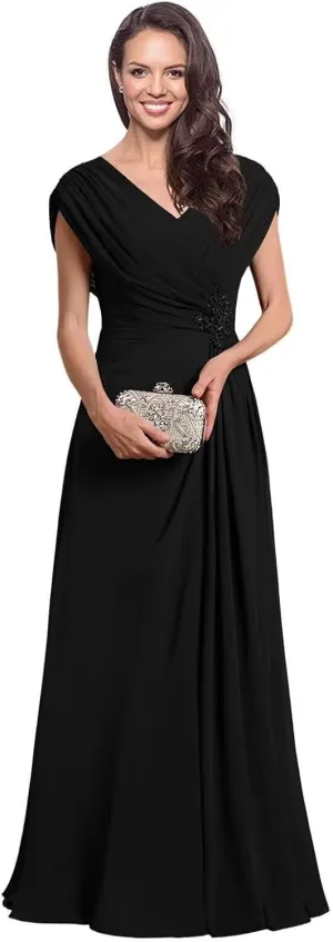 Leeskoot Chiffon Mother of The Bride Dresses with Sleeves V Neck Ruffles A Line Long Formal Wedding Guest Dress