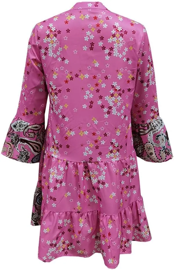 LifeShe Womens Casual Spring Summer Dresses V Neck 3/4 Sleeve Ruffle Floral Flowy Boho Beach Short Mini Dress