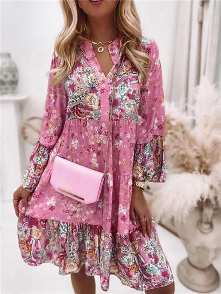 LifeShe Womens Casual Spring Summer Dresses V Neck 3/4 Sleeve Ruffle Floral Flowy Boho Beach Short Mini Dress