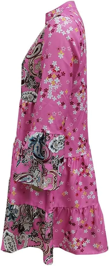LifeShe Womens Casual Spring Summer Dresses V Neck 3/4 Sleeve Ruffle Floral Flowy Boho Beach Short Mini Dress