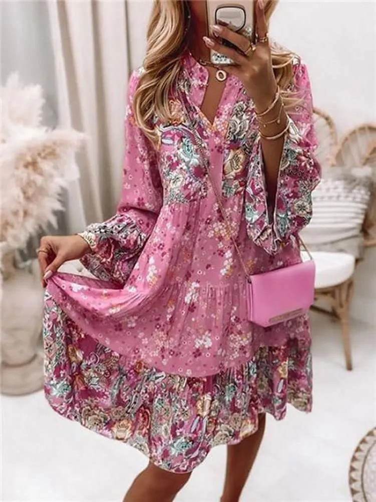 LifeShe Womens Casual Spring Summer Dresses V Neck 3/4 Sleeve Ruffle Floral Flowy Boho Beach Short Mini Dress