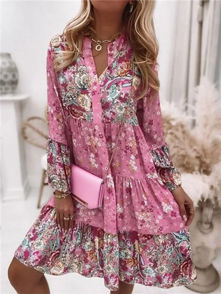 LifeShe Womens Casual Spring Summer Dresses V Neck 3/4 Sleeve Ruffle Floral Flowy Boho Beach Short Mini Dress