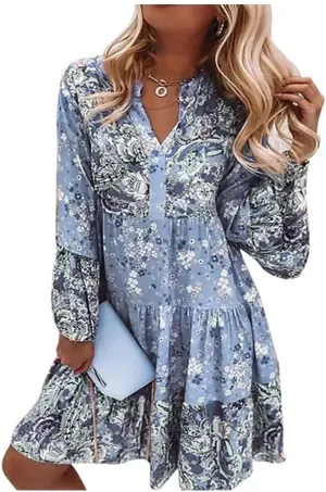 LifeShe Womens Casual Spring Summer Dresses V Neck 3/4 Sleeve Ruffle Floral Flowy Boho Beach Short Mini Dress