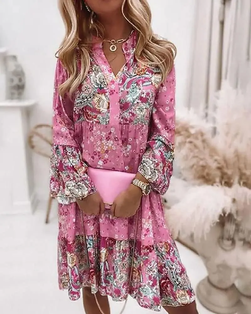LifeShe Womens Casual Spring Summer Dresses V Neck 3/4 Sleeve Ruffle Floral Flowy Boho Beach Short Mini Dress