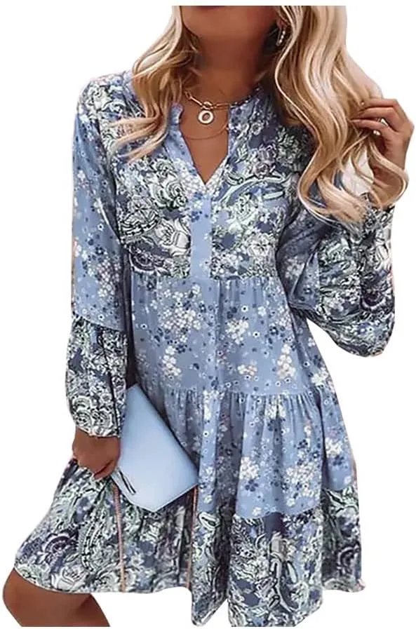 LifeShe Womens Casual Spring Summer Dresses V Neck 3/4 Sleeve Ruffle Floral Flowy Boho Beach Short Mini Dress