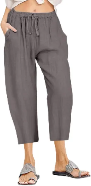 Linen Capri Pants for Women Casual 2024 Plus Size Summer Elastic Waist Crop Tapered Pants Elastic Beach Trousers