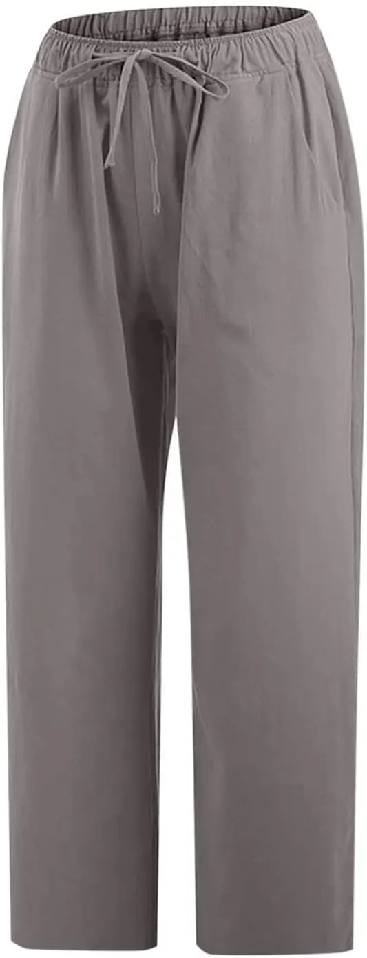 Linen Capri Pants for Women Casual 2024 Plus Size Summer Elastic Waist Crop Tapered Pants Elastic Beach Trousers