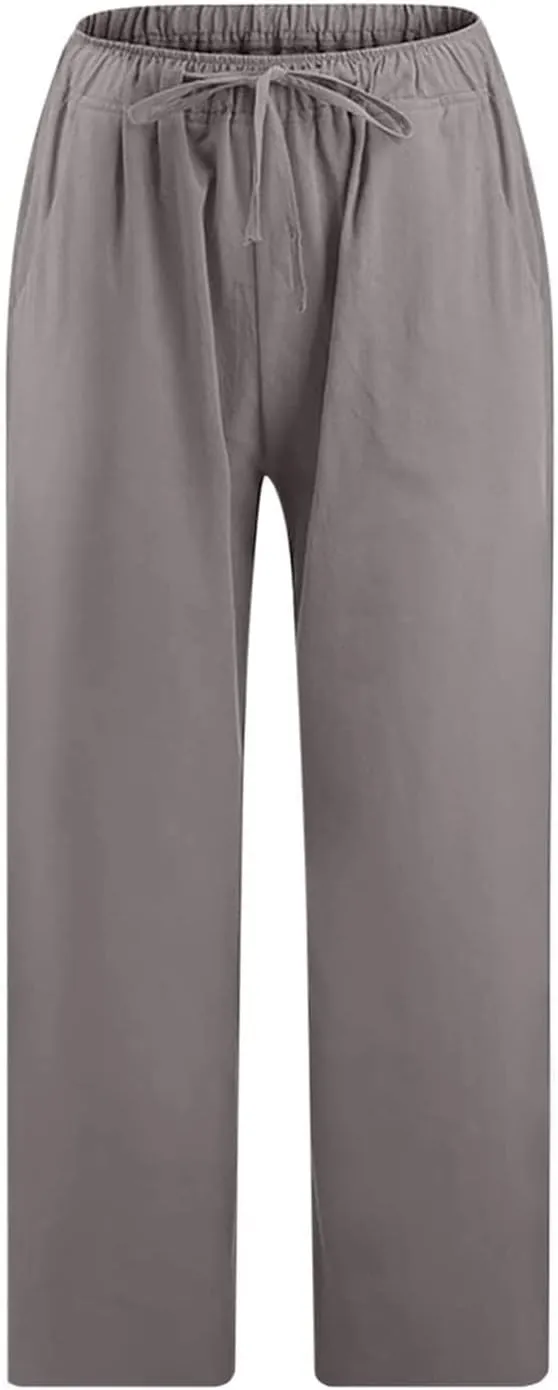 Linen Capri Pants for Women Casual 2024 Plus Size Summer Elastic Waist Crop Tapered Pants Elastic Beach Trousers