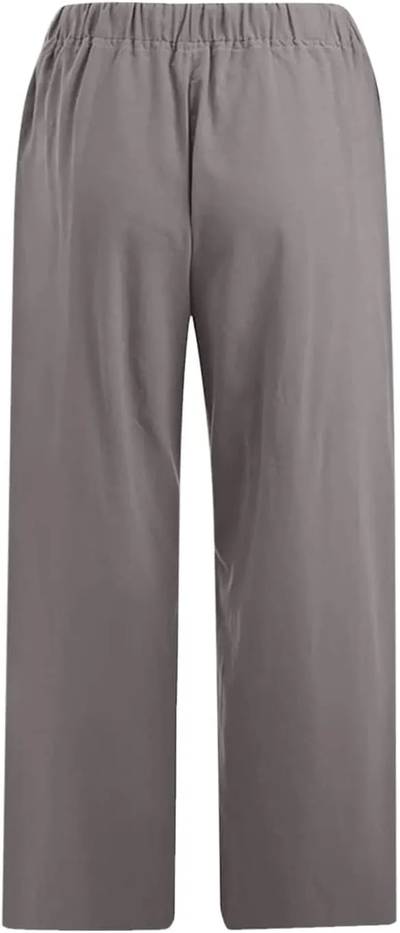 Linen Capri Pants for Women Casual 2024 Plus Size Summer Elastic Waist Crop Tapered Pants Elastic Beach Trousers