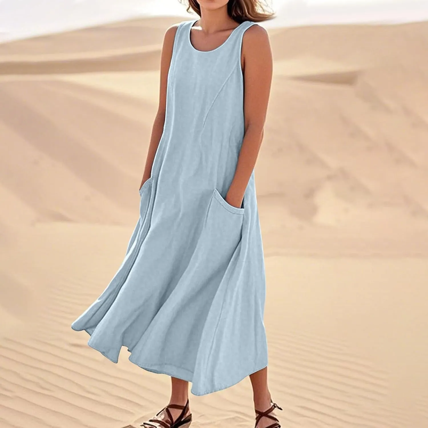 Linen Dress Women Causal Sleeveless U Neck Plus Size Summer Dresses Flowy Ruffle Hem Maxi T Shirt Dresses Midi Dress
