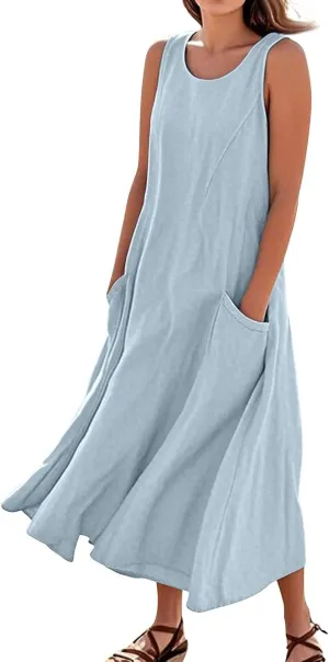 Linen Dress Women Causal Sleeveless U Neck Plus Size Summer Dresses Flowy Ruffle Hem Maxi T Shirt Dresses Midi Dress