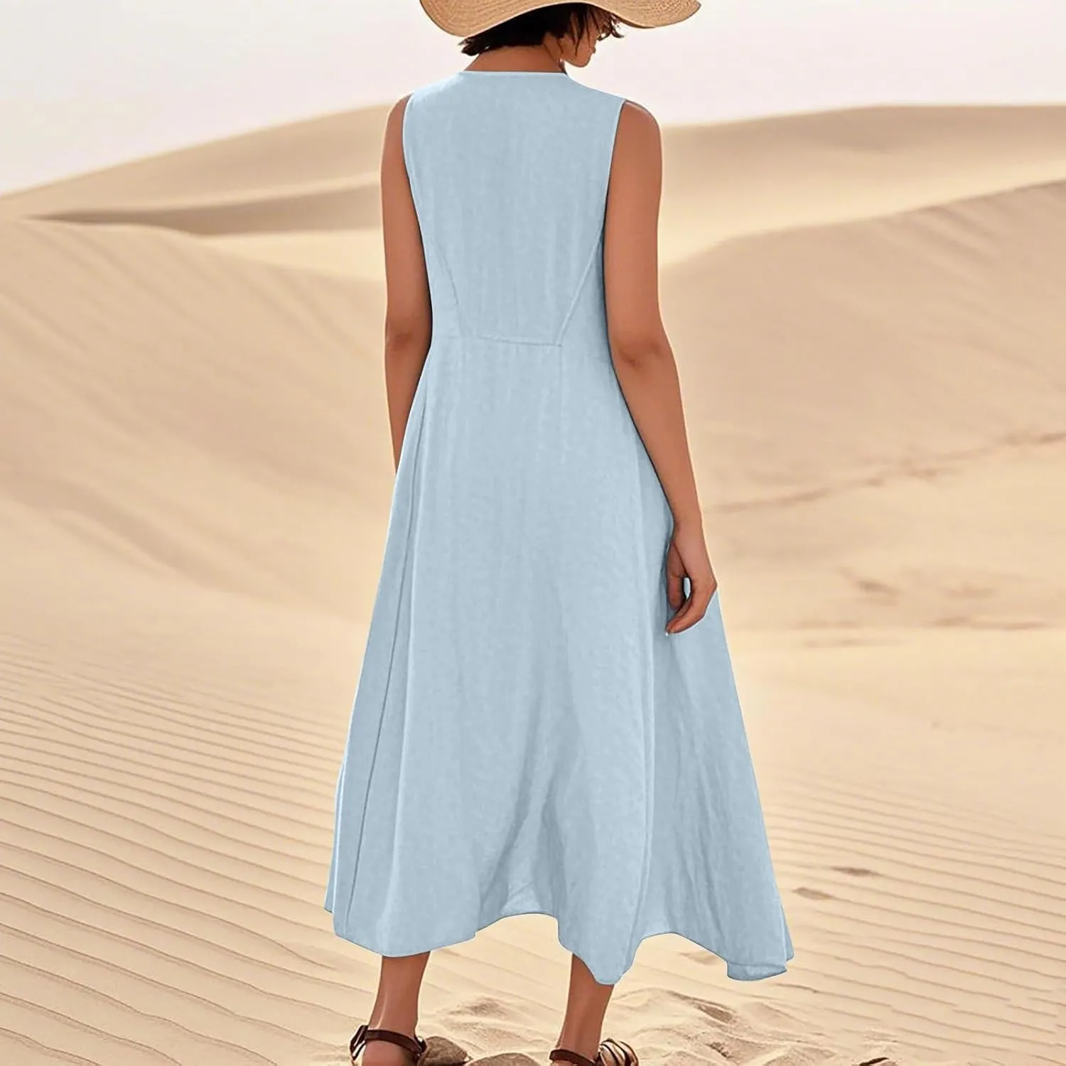 Linen Dress Women Causal Sleeveless U Neck Plus Size Summer Dresses Flowy Ruffle Hem Maxi T Shirt Dresses Midi Dress