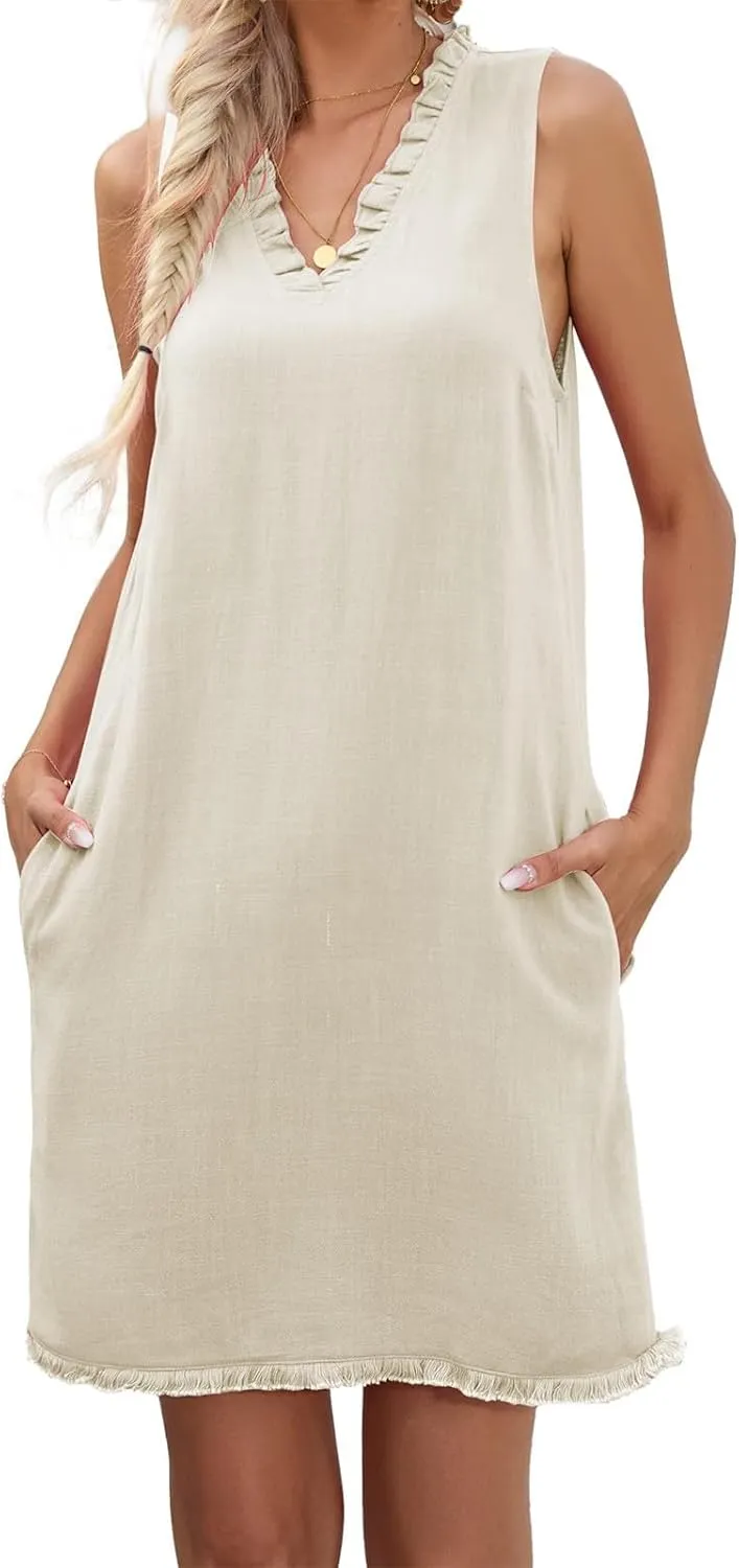 Linen Dresses for Women 2025 Ruffle V Neck Sleeveless Casual Summer Dress with Pockets Tunic Loose Mini Beach Dress