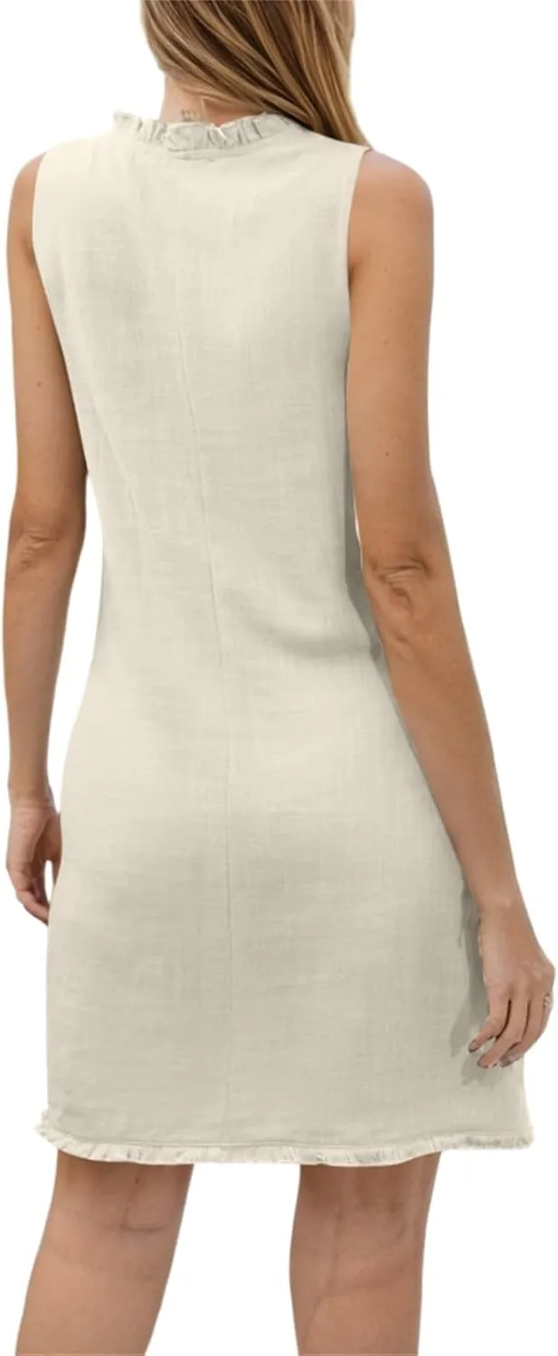 Linen Dresses for Women 2025 Ruffle V Neck Sleeveless Casual Summer Dress with Pockets Tunic Loose Mini Beach Dress