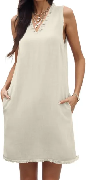 Linen Dresses for Women 2025 Ruffle V Neck Sleeveless Casual Summer Dress with Pockets Tunic Loose Mini Beach Dress