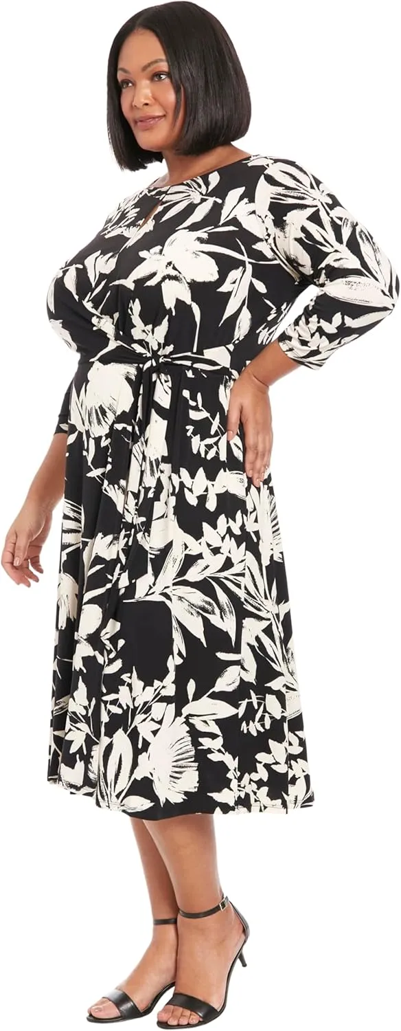 London Times Women's Keyhole Jewel Neck Side Tie Fit and Flare
