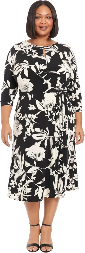 London Times Women's Keyhole Jewel Neck Side Tie Fit and Flare