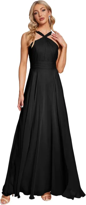 Long Bridesmaid Dresses for Women 2025 Ruffly Chiffon Formal Gown Halter Wedding Guest Dress SY16