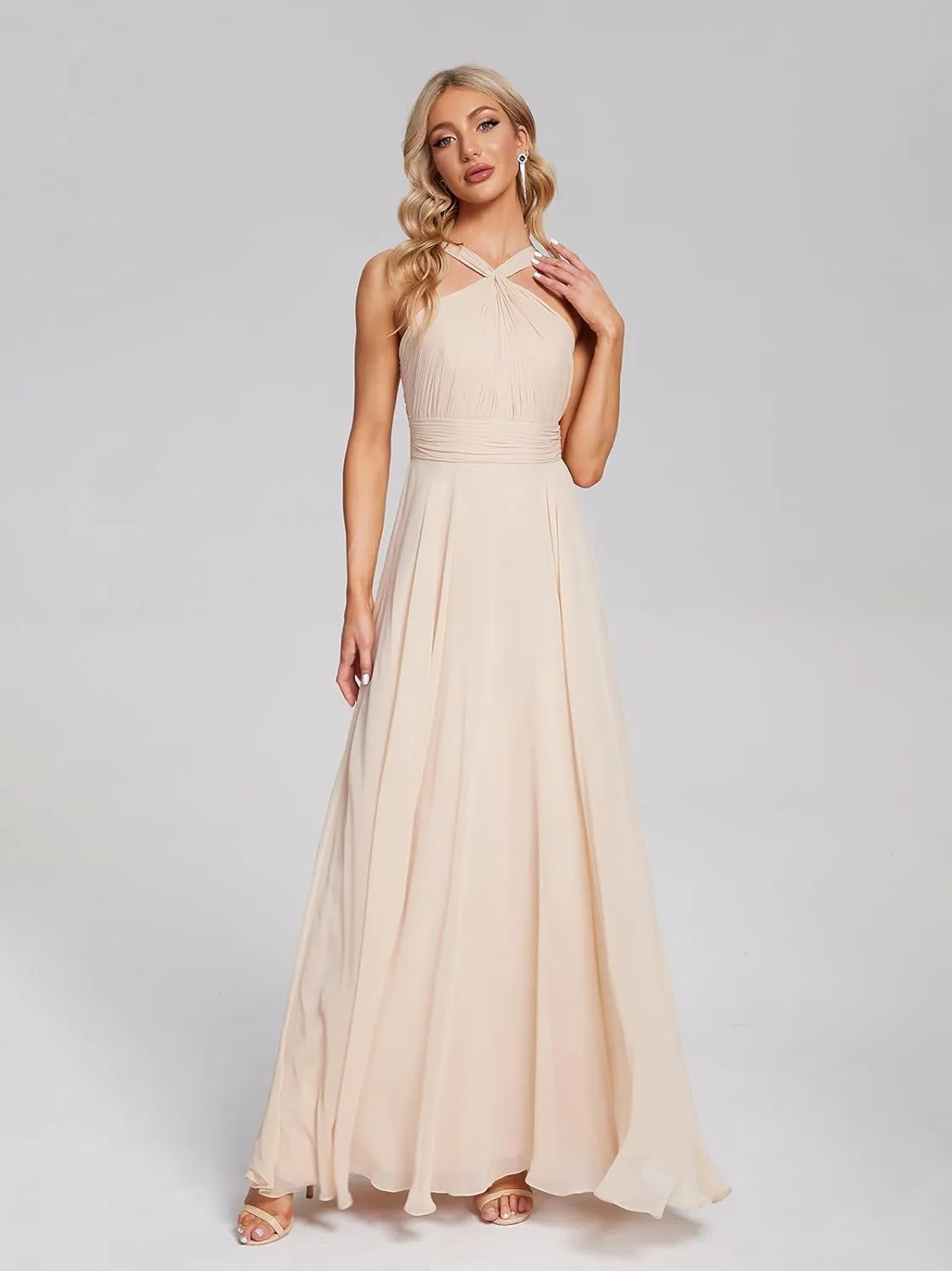Long Bridesmaid Dresses for Women 2025 Ruffly Chiffon Formal Gown Halter Wedding Guest Dress SY16