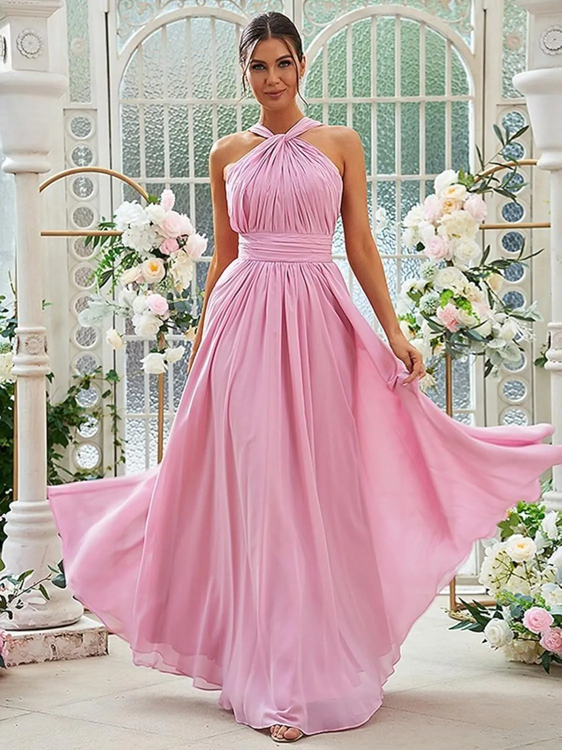 Long Bridesmaid Dresses for Women 2025 Ruffly Chiffon Formal Gown Halter Wedding Guest Dress SY16