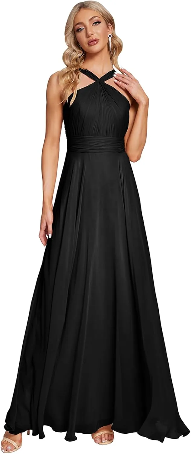 Long Bridesmaid Dresses for Women 2025 Ruffly Chiffon Formal Gown Halter Wedding Guest Dress SY16