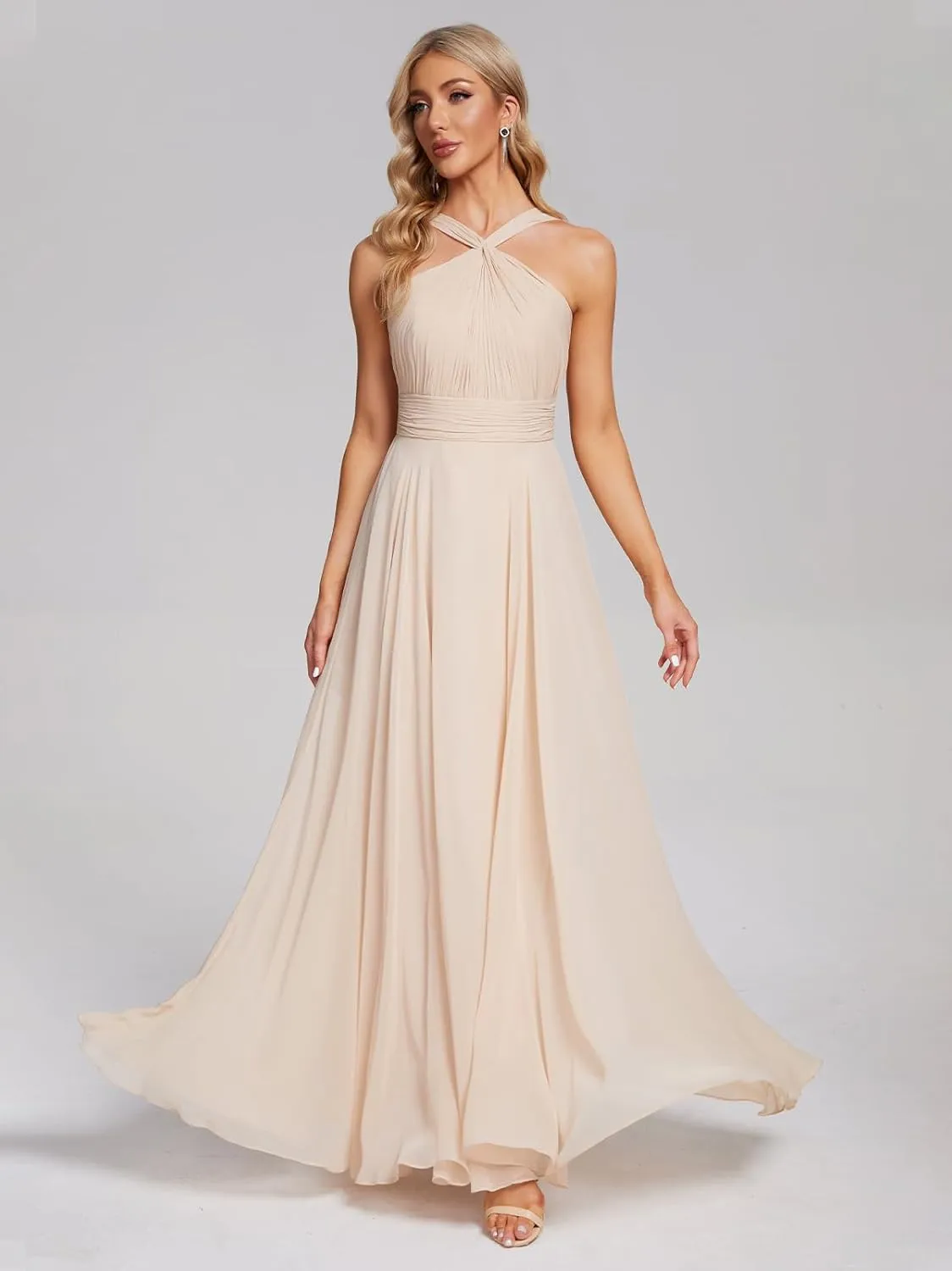 Long Bridesmaid Dresses for Women 2025 Ruffly Chiffon Formal Gown Halter Wedding Guest Dress SY16