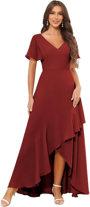 Long Chiffon Bridesmaid Dresses for Women A Line High Low Ruffle Sleeve Formal Dresses