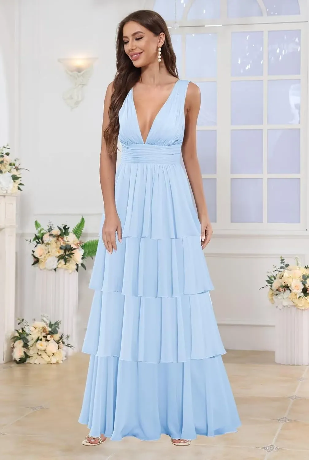 Long Chiffon Tiered Bridesmaid Dresses for Women A Line Pleated V Neck Ruffles Formal Evening Gown