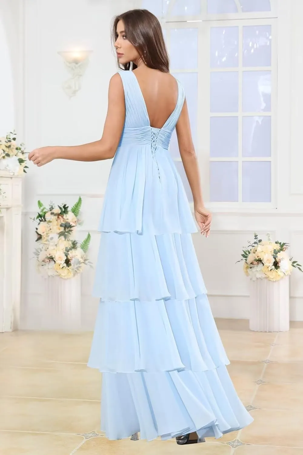 Long Chiffon Tiered Bridesmaid Dresses for Women A Line Pleated V Neck Ruffles Formal Evening Gown