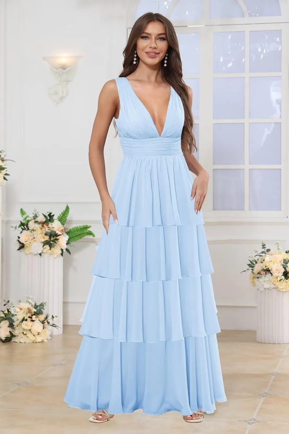 Long Chiffon Tiered Bridesmaid Dresses for Women A Line Pleated V Neck Ruffles Formal Evening Gown