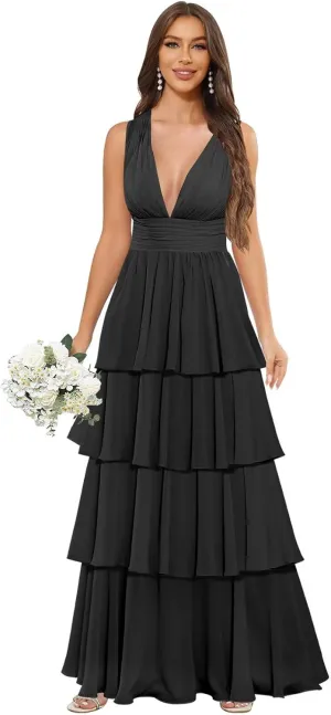 Long Chiffon Tiered Bridesmaid Dresses for Women A Line Pleated V Neck Ruffles Formal Evening Gown