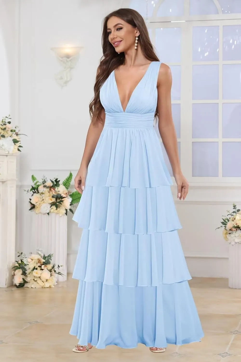 Long Chiffon Tiered Bridesmaid Dresses for Women A Line Pleated V Neck Ruffles Formal Evening Gown