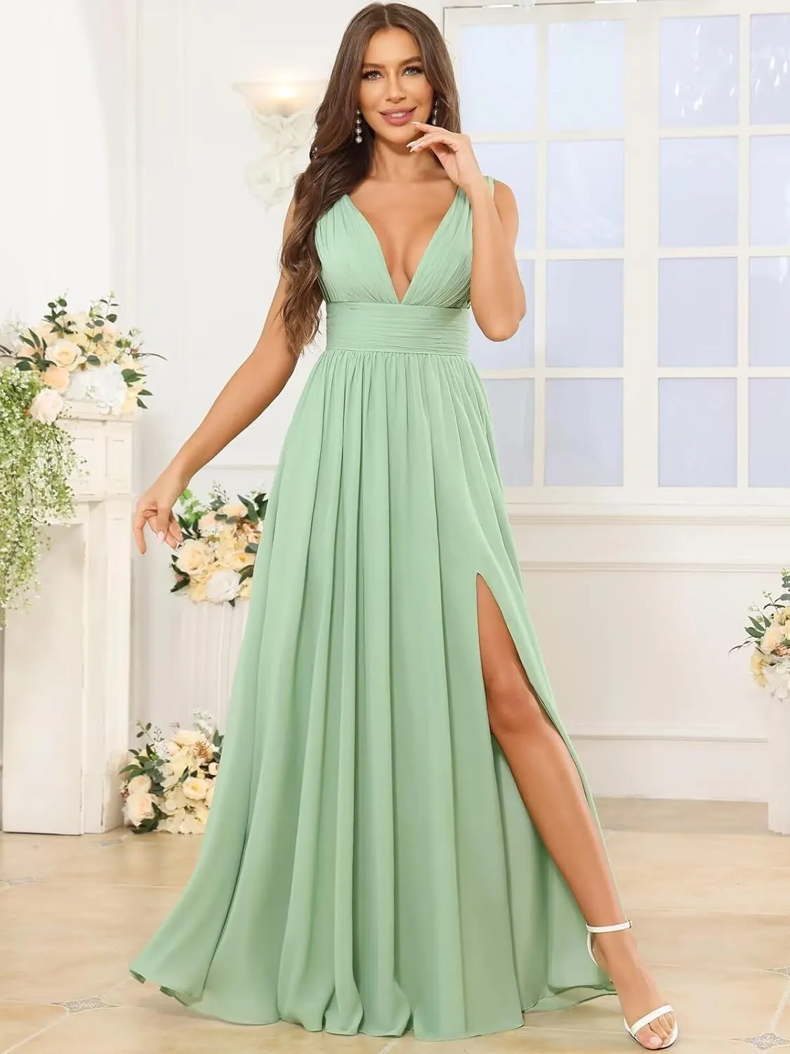 Long V Neck Bridesmaid Dresses for Women A Line Pleated Chiffon Formal Evening Gown with Slit