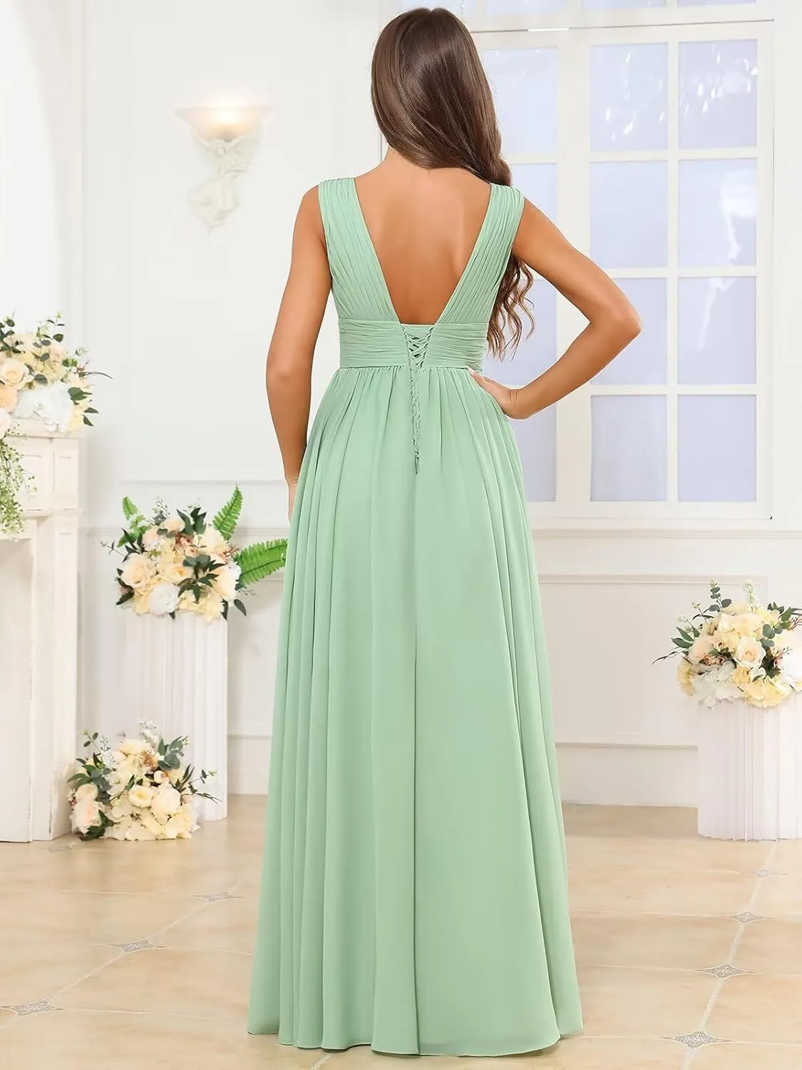 Long V Neck Bridesmaid Dresses for Women A Line Pleated Chiffon Formal Evening Gown with Slit