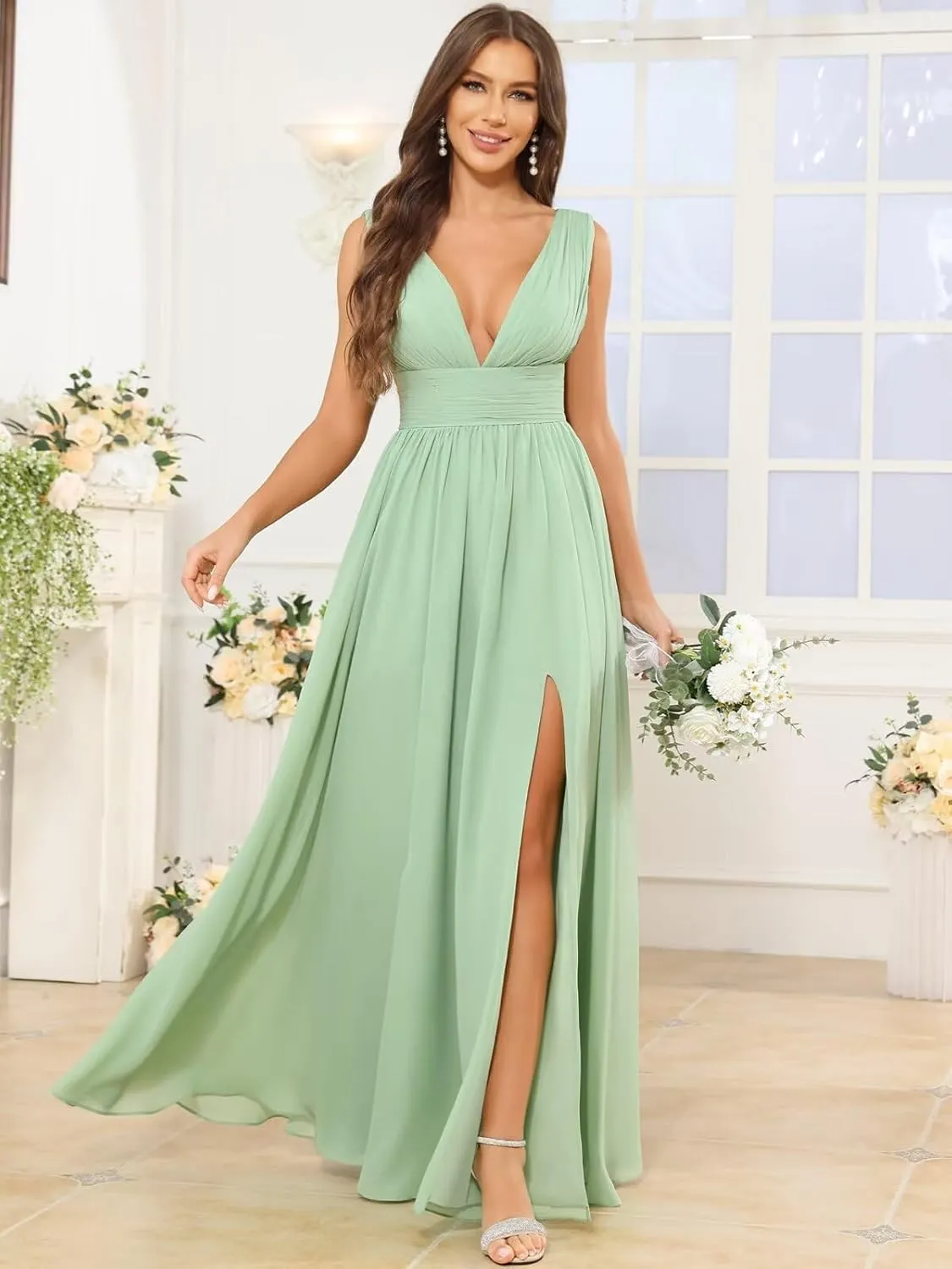 Long V Neck Bridesmaid Dresses for Women A Line Pleated Chiffon Formal Evening Gown with Slit