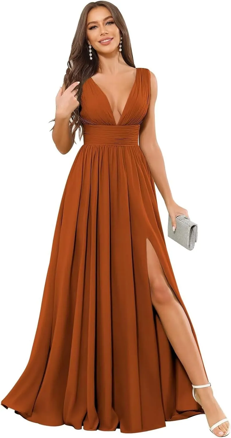 Long V Neck Bridesmaid Dresses for Women A Line Pleated Chiffon Formal Evening Gown with Slit