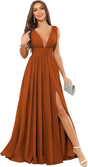 Long V Neck Bridesmaid Dresses for Women A Line Pleated Chiffon Formal Evening Gown with Slit