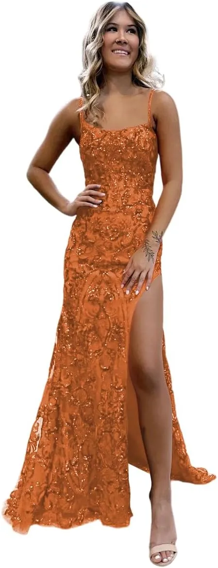 Loyeloy Square Neck Prom Dresses with Slit 2025 Mermaid Glitter Sequin Prom Evening Gown for Women