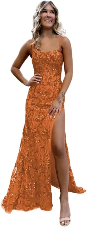 Loyeloy Square Neck Prom Dresses with Slit 2025 Mermaid Glitter Sequin Prom Evening Gown for Women