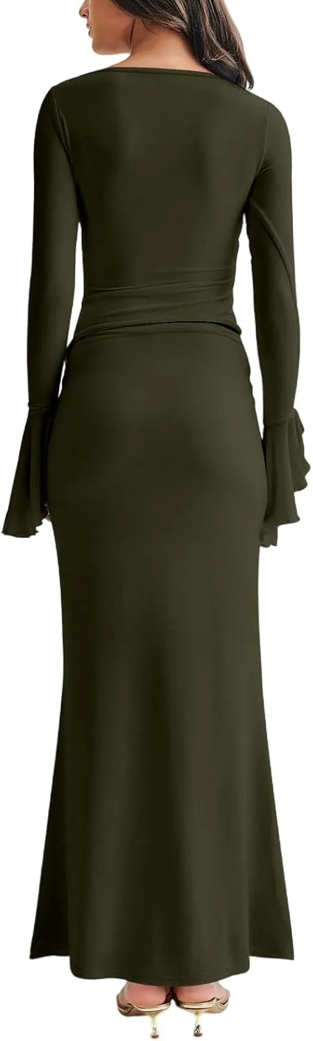 Lrady Womens 2 Piece Sets Long Sleeve Crewneck Cropped Top Slim High Waist Party Maxi Pencil Skirts Long Dress Outfits