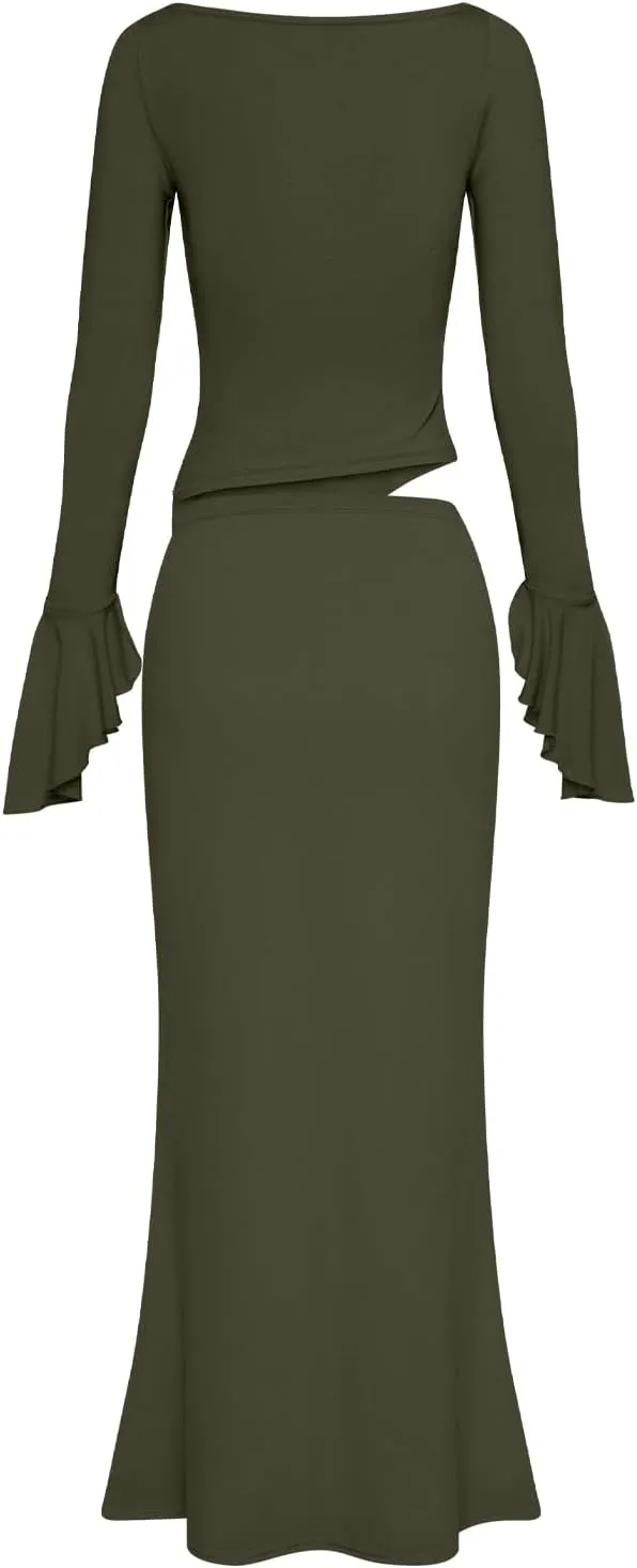 Lrady Womens 2 Piece Sets Long Sleeve Crewneck Cropped Top Slim High Waist Party Maxi Pencil Skirts Long Dress Outfits